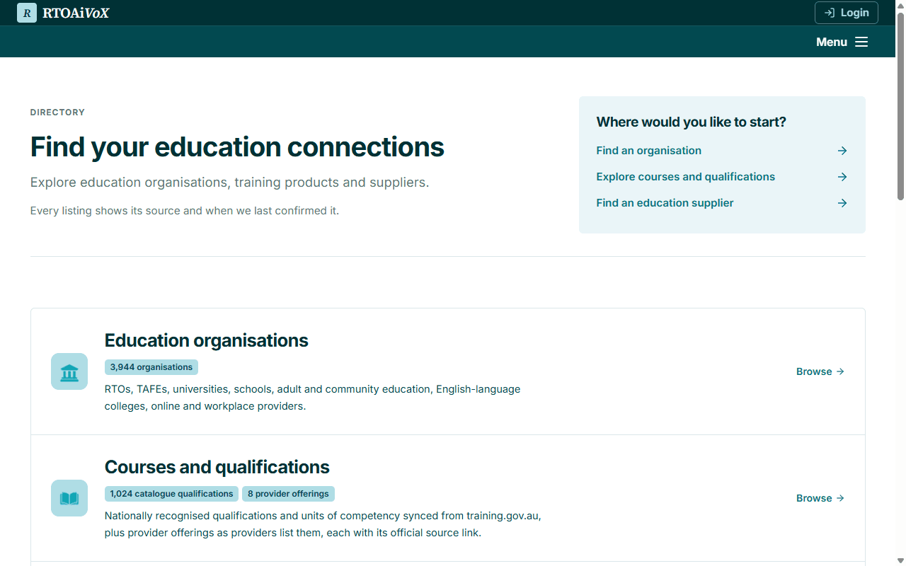 The education directory home page, with organisations, courses and suppliers