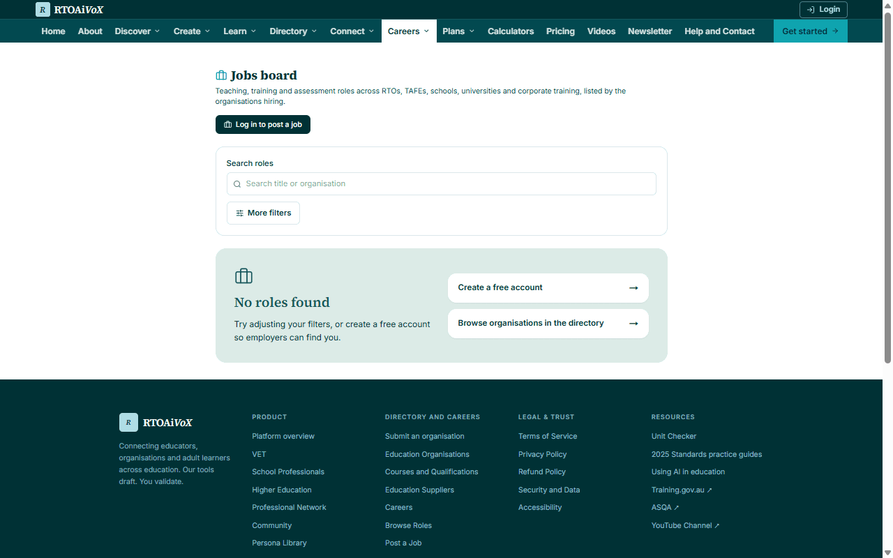 The RTOAiVoX jobs board, with role search and filters